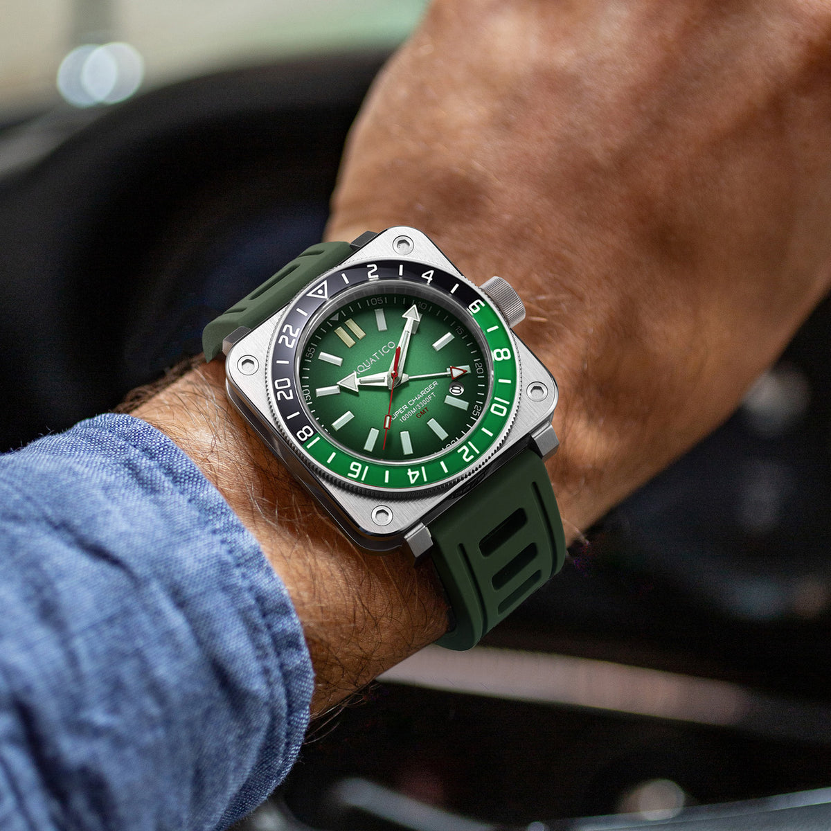 Aquatico Steel Man GMT Watch (Green Dial Green and Black Bezel)