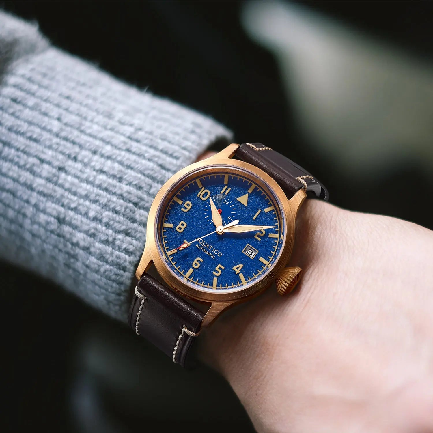 Aquatico Big Pilot 43mm Bronze Blue Dial Watch aquaticowatchshop